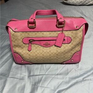 Coach Pink and Tan Satchel with Quilted Design